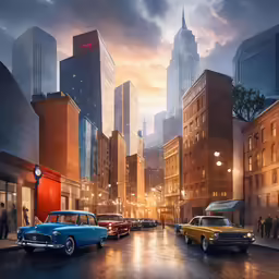 cars parked in a city with tall buildings