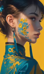 a woman wearing blue and yellow paint on her face