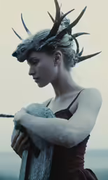 a woman in the midst of a forest is dressed in deer horns
