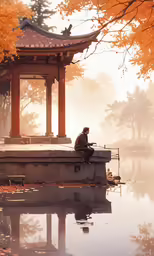 a person sitting on a ledge in front of a pagoda