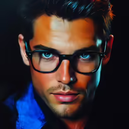 a close up of a person with a blue shirt and glasses