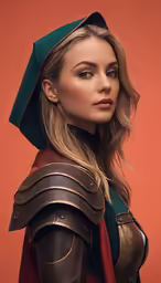 the model wearing a leather armor and helmet, a green cape and two brown belts