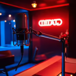 a microphone is in front of an em sign