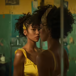 two women wearing one another in the reflection of a mirror