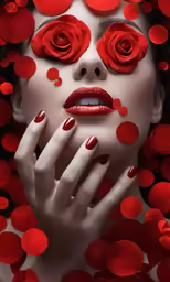 a woman in red with red petals and rose petals around her face