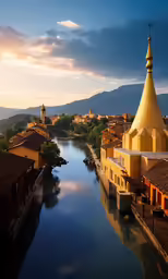 a view over a river, with a church in the middle