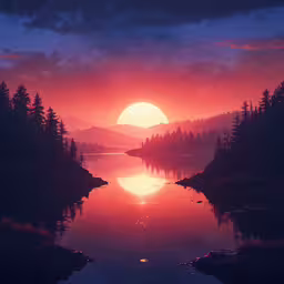 a large body of water with trees and a sky