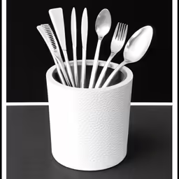 white utensils and spoons in a plastic cup