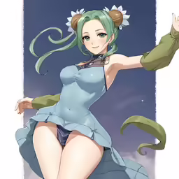 anime girl in blue dress on a cloud covered sky