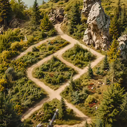 a small road surrounded by pine trees and rocks