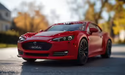 a red car sitting on top of a road next to trees