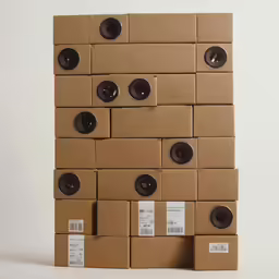 cardboard boxes with different kinds of speakers stacked on each other