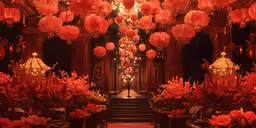 there are pink flowers and lights in the area
