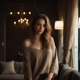 a young lady sitting in a room with a lamp on the side