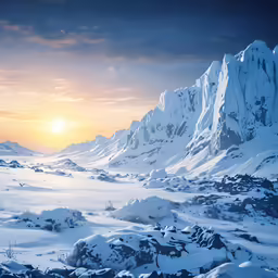 an illustration of a mountain in the evening with snow on it