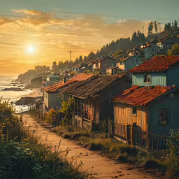 many houses next to the water at sunset,a beach area at dusk with houses along the water