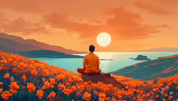 the man is meditating near the flowers at sunset,a person sits on a hillside overlooking a lake