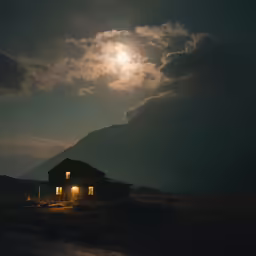 a house that is lit up at night under the full moon