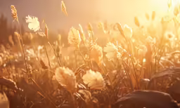 yellow flowers on the grass at sunset with the sun shining on them