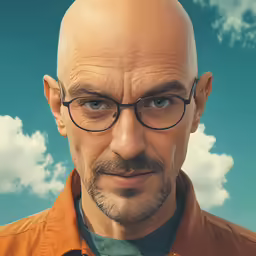a bald man wearing glasses and an orange shirt