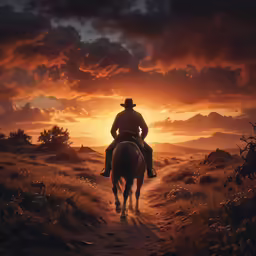 a cowboy riding through a grassy field at sunset