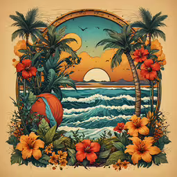 a stylized drawing shows an oval frame over the ocean with palm trees, orange flowers and a barrel,a painting with flowers, a large beach, and palm trees