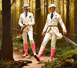 two well dressed men in white outfits standing together,two men in suits and hats are standing with swords
