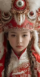 a girl with a red and white costume with furs