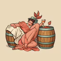 woman in bathrobe relaxing on a barrel with glass