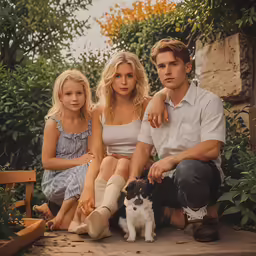 a man, a woman and a dog are sitting outside