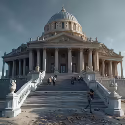 a building with steps leading to it and people walking up