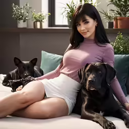 the young woman is posing with two big dogs