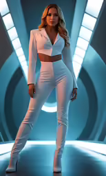 a woman in a white outfit poses for a photo