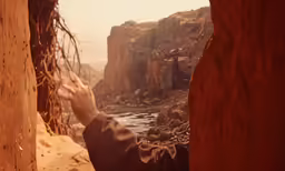 a person reaching into a rocky area