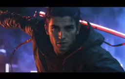 a man holding a red and blue lit sword over his head