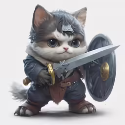 a cute gray kitten holding a sword and a shield