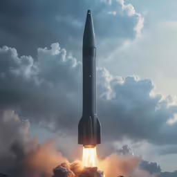 an old time rocket launching into the sky
