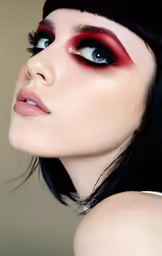 woman in red and black eye makeup, looking upward