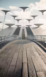 a wide outdoor pier leading to the ocean
