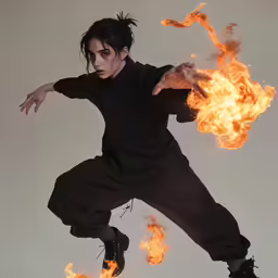 a male with his arms outstretched and a flame in his hand