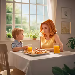 young red haired girl having breakfast with her grandson