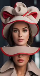 a model wearing a hat with big bows