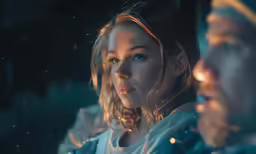 two people in a blurry scene with some water behind them