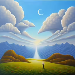 painting on canvas of a person standing near a huge open valley,a painting of a man standing on a field under clouds,painting of person in front of mountains looking at stars above it,a painting of a person standing in the middle of a green field, with a sky filled with white clouds,a painting of a person standing on a field looking at the sky
