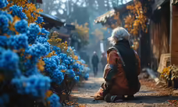 an old woman in a red jacket sits on the ground while surrounded by blue flowers