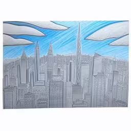 an abstract drawing of the city is displayed in this picture,a drawing of a cityscape in pencil