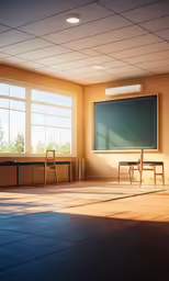 a room with chairs and a large chalk board on the wall