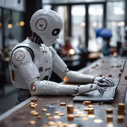 a humanoid robot sitting at a table with money in front of it