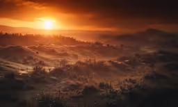 a bright sunset in a misty landscape on a cloudy day