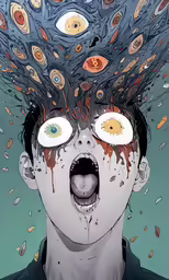 the head of a man with many different kinds of eyeballs on it